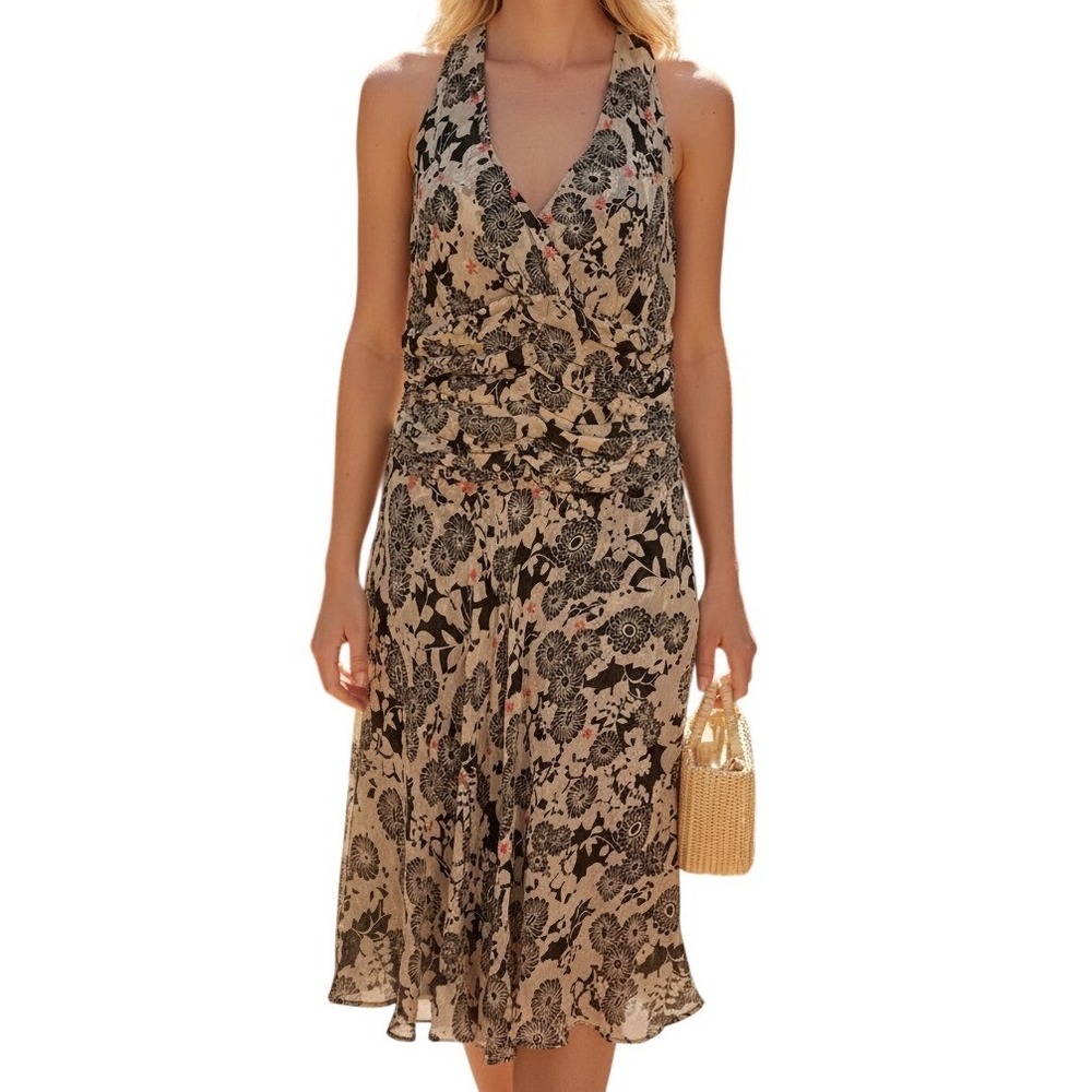 NOUGAT London 100% Silk Floral Ruched Midi Dress Brown Cream Coral Dress EUC 2